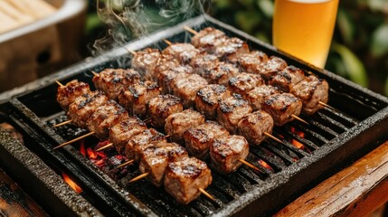 Delicious meat skewers grilling on an outdoor grill