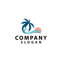 Tropical Company Logo: Palm Tree Ocean Wave and Sun