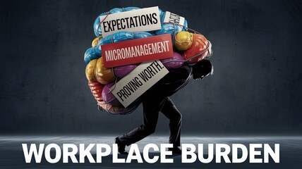 Workplace Burden: A person stoops under a heavy burden of expectations, micromanagement, and the pressure of proving worth, symbolizing the weight of modern workplace stress.