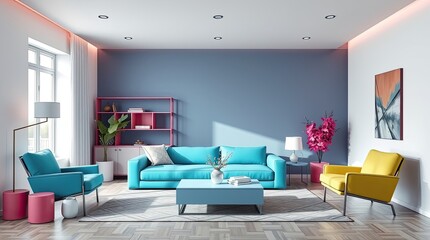 Fototapeta premium A vibrant living room with a teal sofa, pink accents, and a pop of yellow.