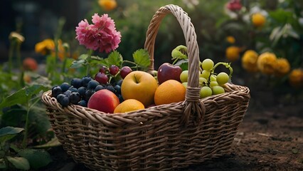 basket with flowers and apples