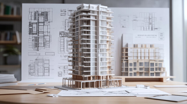 u. Architectural presentation board featuring 3D render of a high-rise building alongside technical floor plans and diagrams 