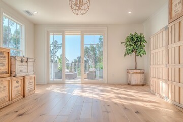 Empty room with light wood floors, white walls, large sliding glass door leading to patio, light oak chandelier, bright natural lighting, and modern design.
