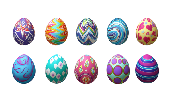 Decorative Easter Eggs Set with Chevron, Floral, Hearts Pattern on Transparent, cut out.