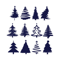 Twelve Dark Blue Christmas Tree Silhouettes Illustration