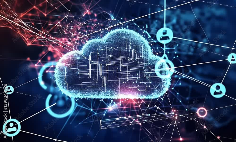 Poster abstract representation of cloud computing with digital connections and network data flow