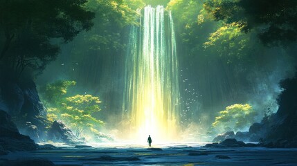 Obraz premium Serene landscape featuring a majestic waterfall cascading into a tranquil pool, surrounded by lush greenery and a lone figure.