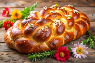 A braided loaf of challah bread decorated with flowers on a rustic wooden surface for a festive celebration