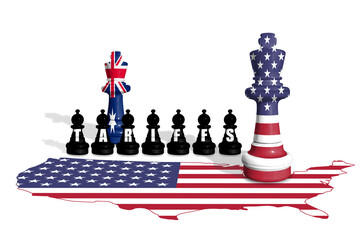 Chess made from US and Australia flags. Europe Union and USA trade, tariffs and duty war