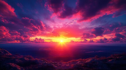 Dramatic sunset over mountain peaks. Vivid colors paint the sky with fiery hues