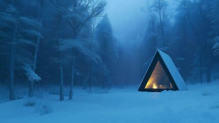 A cozy cabin stands isolated in a snowy forest at twilight, illuminated by warm light from within amidst the blue haze of dusk