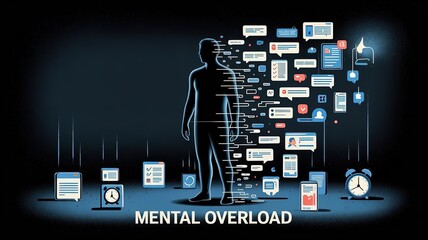 Mental Overload: A person's silhouette undergoes a visual representation of data and thoughts overfill, symbolizing the strain on an individual's mental state.