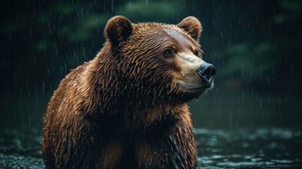 Obraz premium Majestic Brown Bear in the Rain: A Moment of Wild Serenity