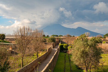 The famous antique site of Pompeii, Naples destroyed by the eruption of Volcano Mount Vesuvius. Ruins of Pompeii, Campania, Italy, Europe. UNESCO World Heritage Site. Archaeological Park