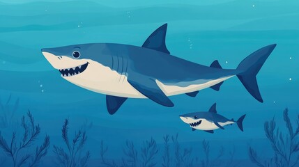 Fototapeta premium Two friendly sharks swim in the ocean. A large shark and a smaller one are swimming near underwater plants