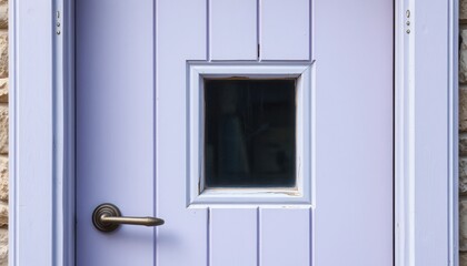 Lavender Exterior Door with Small Window and Brass Handle A Detailed Close Up Shot