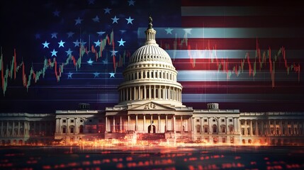 Capitol building with an American flag, overlaid with rising and falling stock charts
