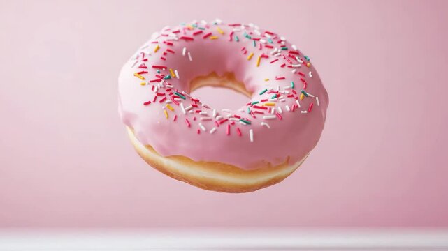 A pink frosted donut covered in colorful sprinkles is suspended in mid air against a soft pink backdrop, inviting a sweet craving