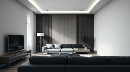 A modern living room featuring a sophisticated color palette and wood accents.