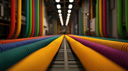 Fototapeta premium Power cables with high flexibility. Vibrant colored cables running along a corridor in a modern industrial setting.