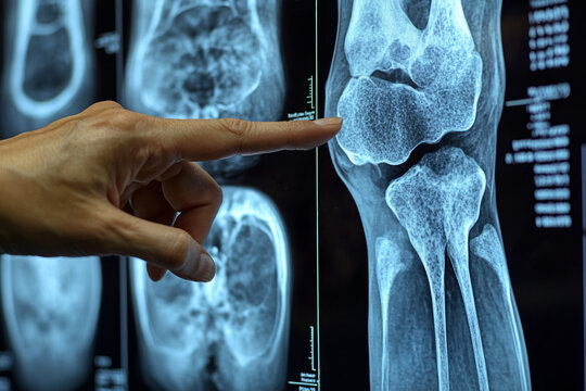 Doctor pointing at a knee radiography displayed on a monitor, analyzing medical scan results