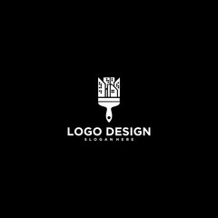 White Paintbrush Logo Design with Cityscape Silhouette on Black Background