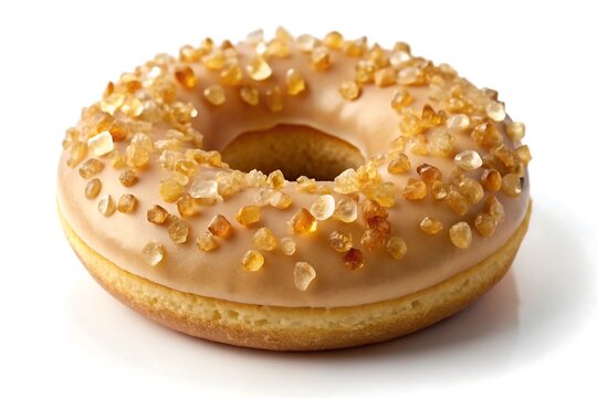 A single donut with a caramel glaze and crystalized sugar topping on a white background surface