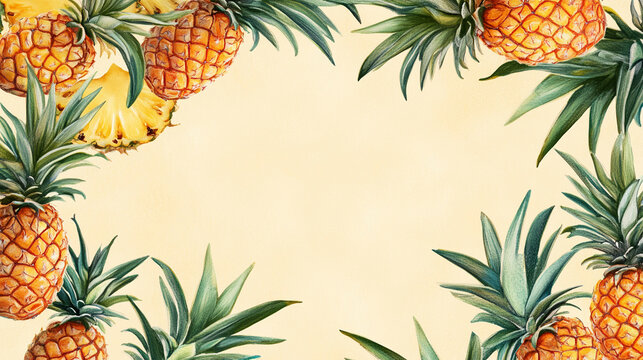 Fresh pineapple arrangement art, a tropical border on yellow backdrop