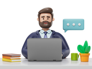 A man sits at a desk with a laptop,  symbolizing a comfortable and personalized workspace. 3D rendering, conceptual image. Isolated on white background.