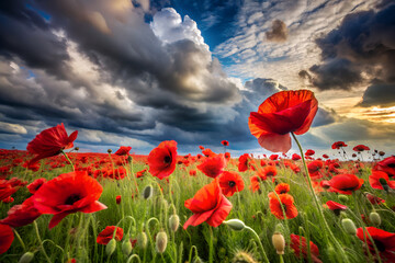 Fototapeta premium field of red poppies swaying in the wind with dramatic clouds generative ai