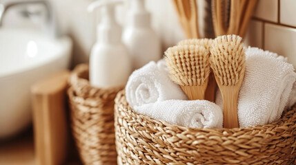 Zero waste plastic free cleaning items on sunny home. Set of eco friendly cleansing products. Sustainable lifestyle concept. Plastic free home.