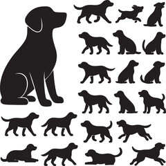 Set of black dog silhouettes in various poses, isolated on white background