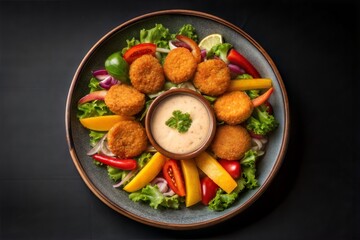 Golden Chicken Nuggets with Dip and Colorful Vegetables on Dark Background