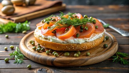 Savory Smoked Fish and Tomato Bagel with Creamy Spread, Fresh Dill, and Capers on Rustic Wooden Board