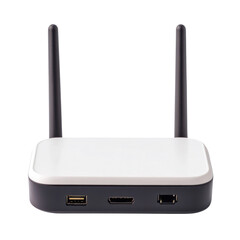 Wireless router device home office setup cutout background computer accessory indoor aerial view connectivity concept