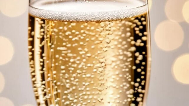 A close-up of a sparkling glass of champagne with bubbles rising, perfect for celebrations and special occasions.