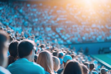 Photo of a crowd watching a tennis match in a stadium, with a blue and white color scheme,