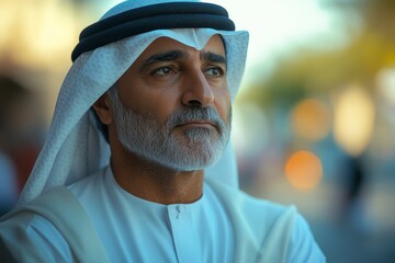 Senior emirati businessman wearing traditional kandura looking away in contemplation