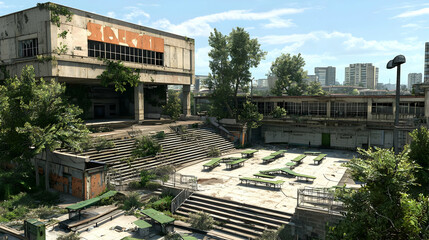 Fototapeta premium Abandoned Stadium Overgrown With Plants And Trees
