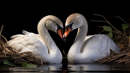 Fototapeta premium Two Swans Forming a Heart Shape in their Nest