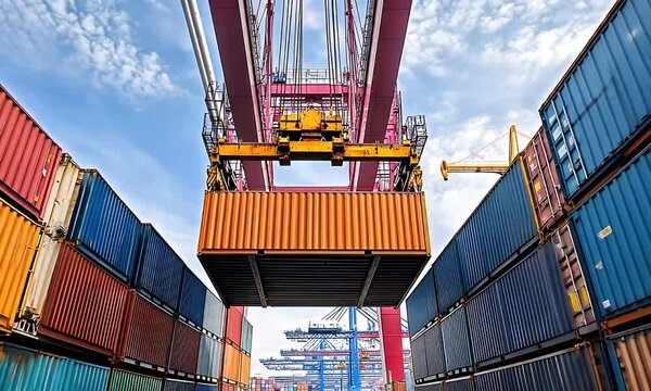 Cargo crane loading container at port terminal
