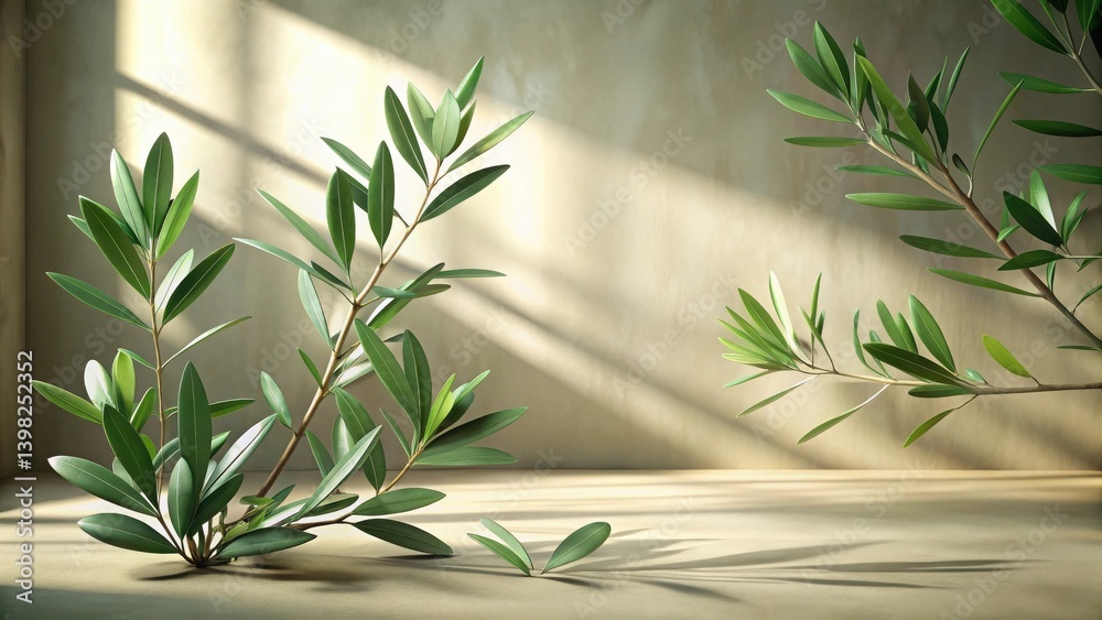 Poster serene botanical arrangement lush greenery basking in sunlight on neutral surface