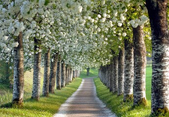 Fototapeta premium Scenic pathway lined with blossoming trees, creating a tunnel of white flowers.