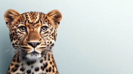 Fototapeta premium A stunning close-up portrait of a leopard highlighting its intricate fur patterns, showcasing its piercing eyes that display grace and strength against a soft background.