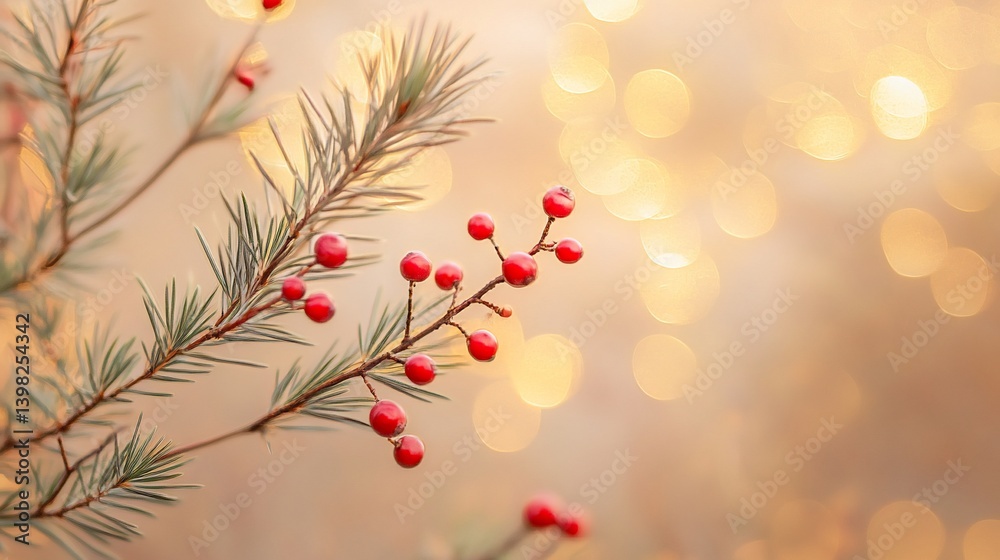 Wall mural close-up of red berries on a branch with a bokeh background.