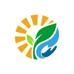 Nature Farm logo design with sun, leaf and water	