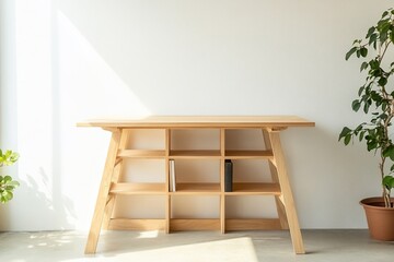 Fototapeta premium Light wood desk with shelves against white wall, plants nearby.