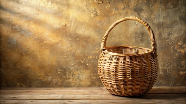 A Rustic Wicker Basket Sits Emptily on a Weathered Wooden Surface Against a Textured Background