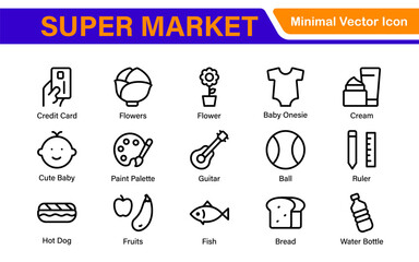 Supermarket Store Icon Collection. Modern Grocery Symbols for UI and Branding