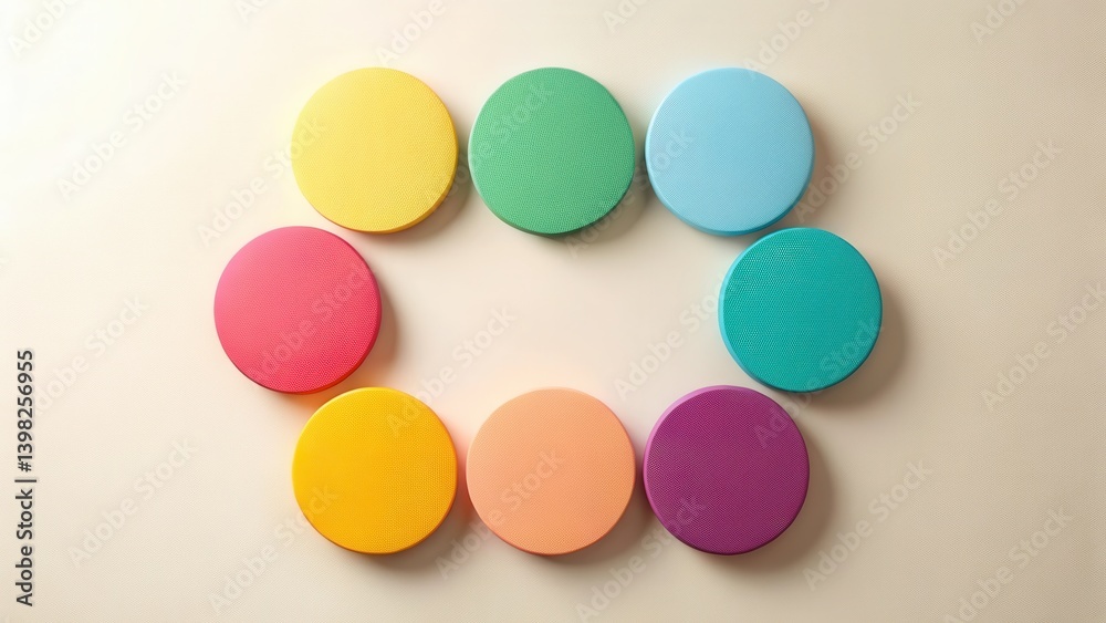 Fototapete Colorful Circular Elements Arranged in a Circular Pattern on a Light Beige Surface